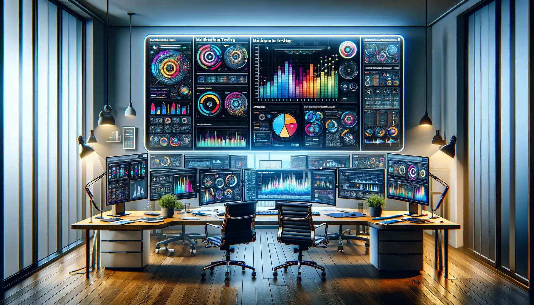 Modern digital workspace with multiple screens displaying graphs, charts, and data analysis tools for multivariate testing